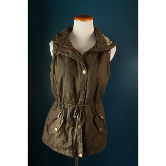 YMI Vest Olive Green Y2K Faux Fur Lined Pockets Snap Utility Removable Hood L - Picture 1 of 12